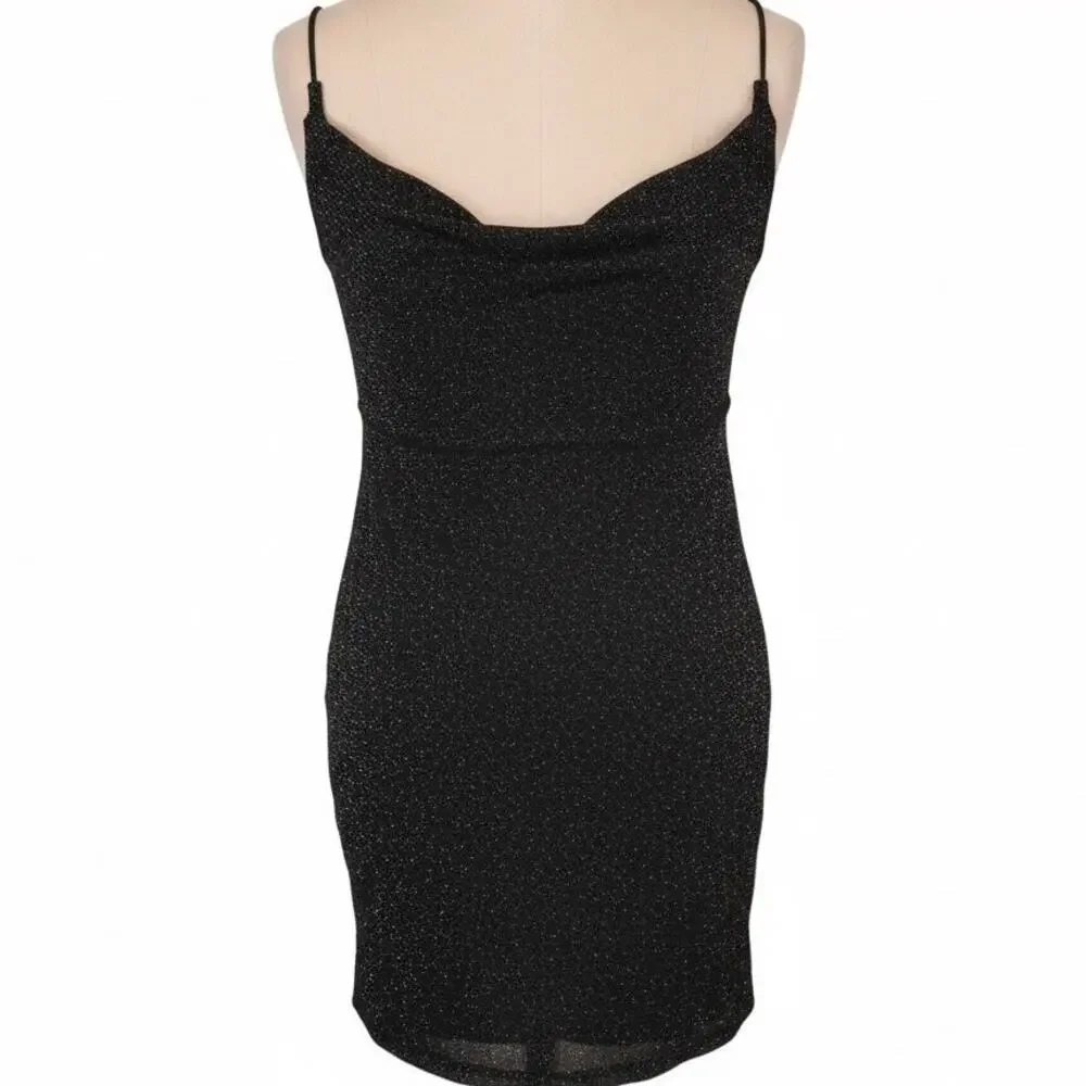 Showpo “Explain It To Me” Mini Dress Black Glitter Cowl Neck Slip Dress Size 0 - Picture 2 of 4